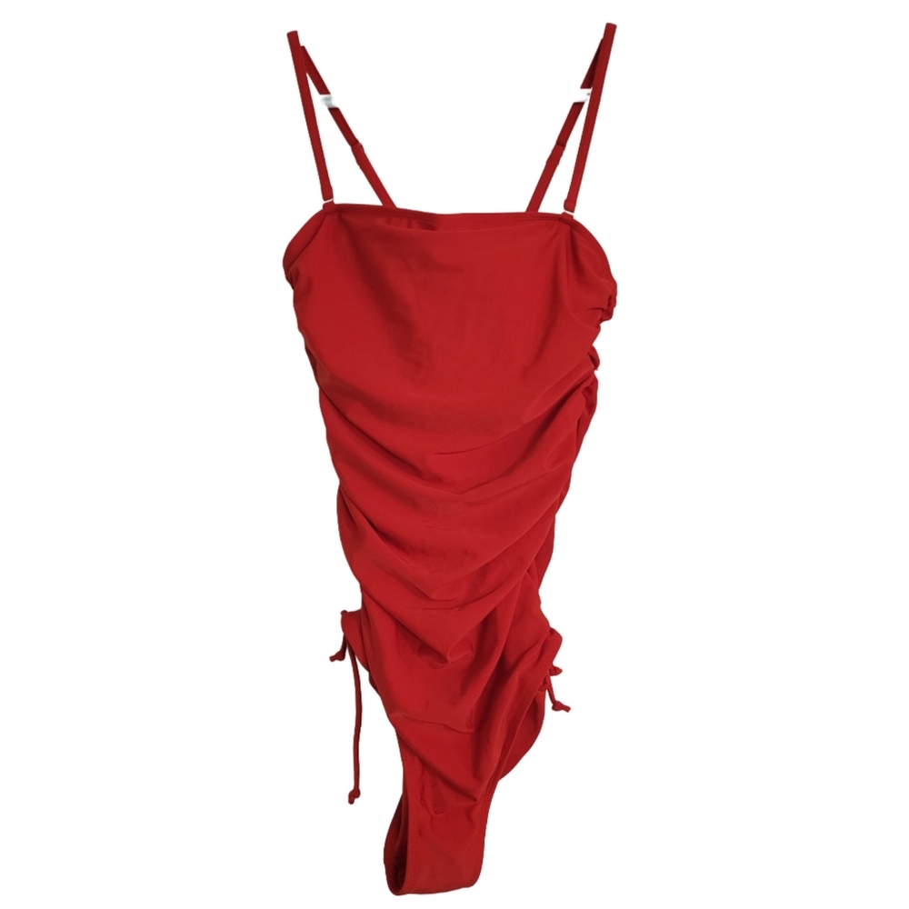 Smismivo Women's Swimsuit Medium Red Ruched One Piece Adjustable High Cut Leg